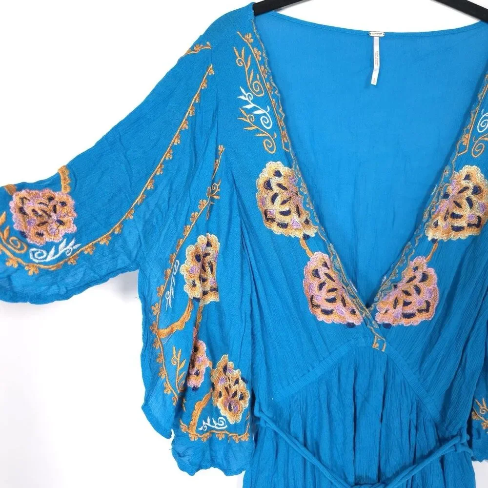 Free People Mini Dress Size S/P Embroidered Tie Waist Boho Blue Viscose OB600169